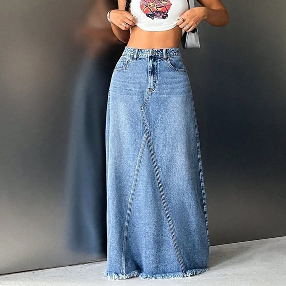 . Dresses & Skirts - Blue Casual Womens High Waist Raw Hem Maxi Denim Skirt